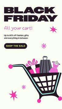 Black Friday Sales Promo Stories / Cream Sale Story with Overflowing Shopping Cart, Handwritten Accent and Pink Stars for Online Shopping Promos and Fashion Gifts / Vertical / Part 02