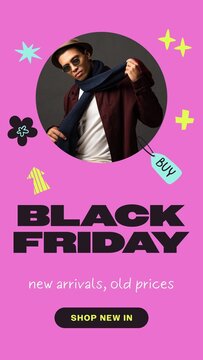 Black Friday Sales Promo Stories / Orchid Fashion Sale Story with Round Photo Placeholder, Buy Tag and Sparkles for New Arrival Promos and Clothing Brand Ads / Vertical / Part 10