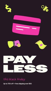 Black Friday Sales Promo Stories / Dark Payment Sale Story with Pink Credit Card, Coins and Money Icons for Free Shipping Offers and Online Checkout Deals / Vertical / Part 08