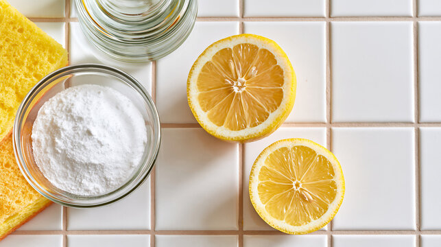 Natural Cleaning Ingredients: Sliced Lemons and Baking Soda on White Tiles