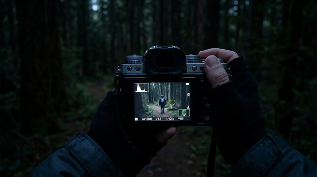 Camera viewfinder display showing a hiker on a forest trail