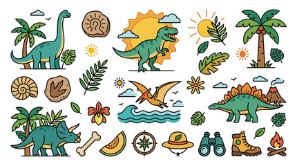 Cute Dinosaur Illustrations with Tropical Plants and Sun © Ting