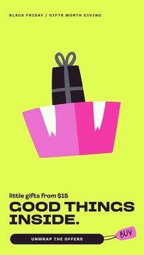 Black Friday Retail Stories / Lime Gift Sale Story with Pink Gift Bag, Gift Box and Buy Tag for Gift Deals, Gift Shops and Holiday Shopping Promos / Vertical / Part 05