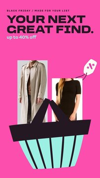 Black Friday Retail Stories / Hot Pink Fashion Story with Photo Placeholders in Shopping Basket and Percent Tag for Wishlist Picks and Clothing Sales / Vertical / Part 08