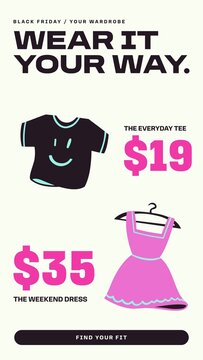 Black Friday Retail Stories / Cream Fashion Price Story with Smiley Tee, Pink Dress on Hanger and Price Labels for Wardrobe Deals and Clothing Brands / Vertical / Part 09