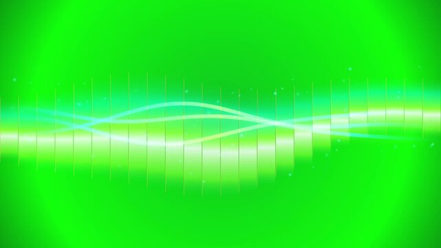 Green audio visualizer wave with glowing equalizer bars, digital music frequency spectrum on green screen background, neon sound wave animation