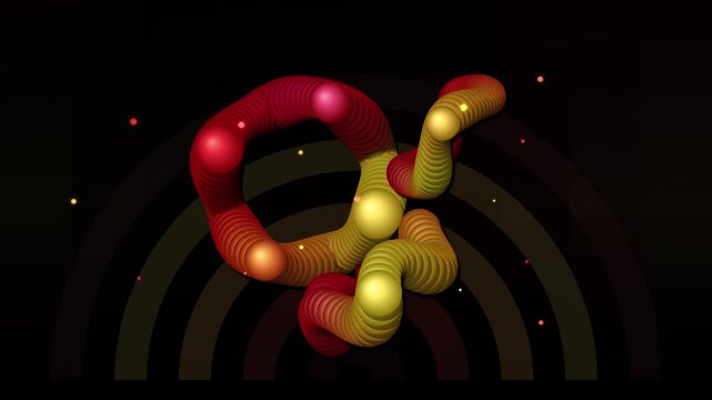 Psychedelic 3D tubular abstract motion, glowing red and yellow spheres on dark background, retro futuristic 70s aesthetic graphic for music videos