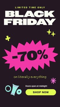 Black Friday Sales Promo Stories / Dark Sale Story with Pink Starburst Discount Badge, Sparkles and Lime Shop Now Button for Limited Time Offers and Storewide Sales / Vertical / Part 01