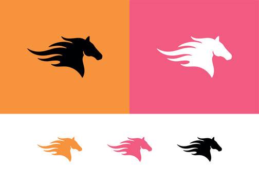 Horse head silhouette flame orange pink background.