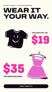 Black Friday Retail Stories PR / Off White Clothing Story with Cartoon Shirt, Hanging Dress and Price Callouts for Apparel Lineups and Boutique Promotions / Vertical / Part 09
