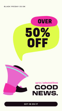 Black Friday Retail Stories PR / Off White Story with Pink Loudspeaker, Offer Bubble and Heavy Type for Sale Launch Announcements and Store Updates / Vertical / Part 06