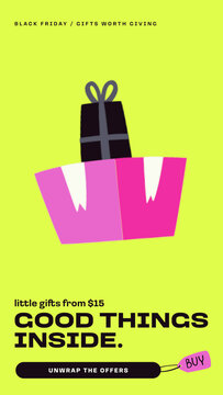 Black Friday Retail Stories PR / Chartreuse Story with Pink Shopping Bag, Wrapped Present and Price Note for Gift Shop Promotions and Present Ideas / Vertical / Part 05