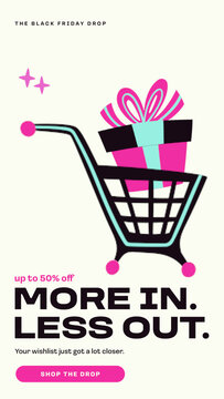 Black Friday Retail Stories PR / Off White Story with Gift Filled Trolley, Stacked Headline and Pink Call to Action for Product Drops and Ecommerce Campaigns / Vertical / Part 02