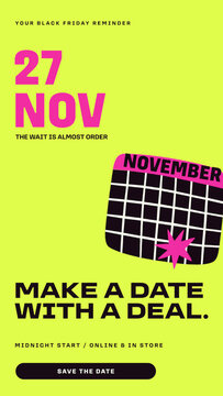 Black Friday Retail Stories PR / Chartreuse Story with Month Calendar, Oversized Date and Burst Accent for Event Reminders and Shopping Day Announcements / Vertical / Part 10