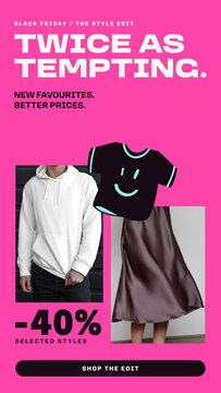 Black Friday Retail Stories PR / Magenta Style Story with Double Image Slots, Cartoon Shirt and Markdown Badge for Apparel Promotions and Boutique Ads / Vertical / Part 04