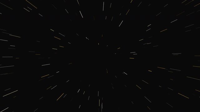 Fast warp space starfield hyperspace speed motion. Gold particles radiating lines zoom effect on dark background. Abstract cosmic universe galaxy travel light rays animation loop in 4K.