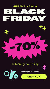 Black Friday Sales Promo Stories / Dark Sale Story with Pink Starburst Discount Badge, Sparkles and Lime Shop Now Button for Limited Time Offers and Storewide Sales / Vertical / Part 01