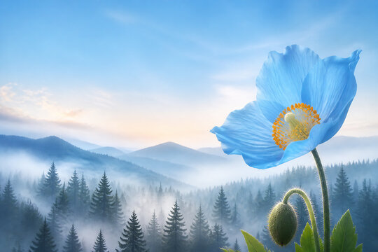 A vibrant blue poppy flower is featured in the foreground against a misty, mountainous landscape under a bright sky.