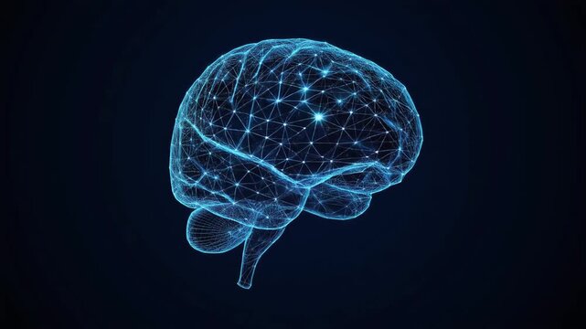 Stylized Three-Dimensional Brain Made of Fine Blue Neural Connections Slowly Rotating, Representing AI, Data, and Futuristic Concepts in Full HD