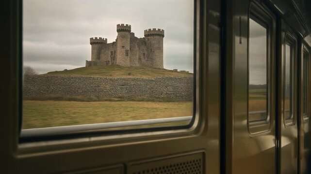 View from Train Window of Weathered Stone Castle on Distant Hill Across Green Fields, Historic Travel Landscape, Full HD Motion Footage