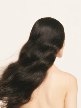 Long wavy dark hair cascading down bare back