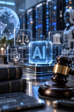 AI legal compliance and ethics regulation with glowing icons symbolizing corporate governance within a server environment.