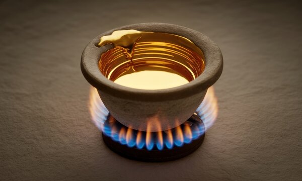 A small ceramic bowl holding molten gold is heated by a blue flame