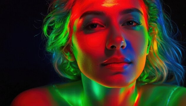 Close-Up Portrait of Woman with Colorful Neon Lights