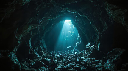 Fototapeta premium Mysterious cave tunnel with turquoise light and rocky passage