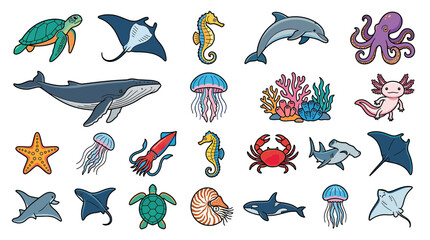 Cute Cartoon Marine Life Collection Isolated © Yumna