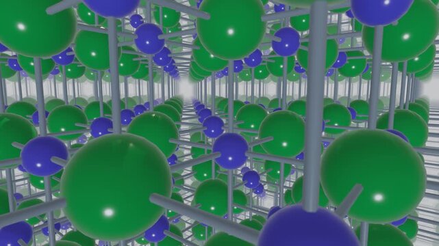 Flying through a sodium chloride crystal lattice, sodium and chloride ions in a cubic grid, loop