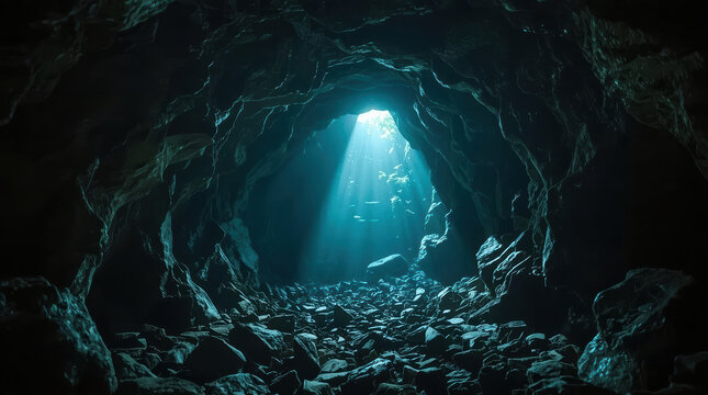 Mysterious cave tunnel with turquoise light and rocky passage
