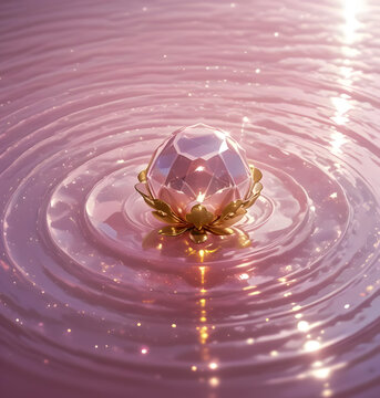 AI generated abstract background of pink water ripples with a luxury crystal lotus gemstone floating on shiny waves vector