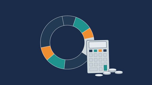 Business data analysis and financial planning animation featuring a colorful donut chart, a calculator, and a stack of coins on a dark background for corporate and economic concepts.