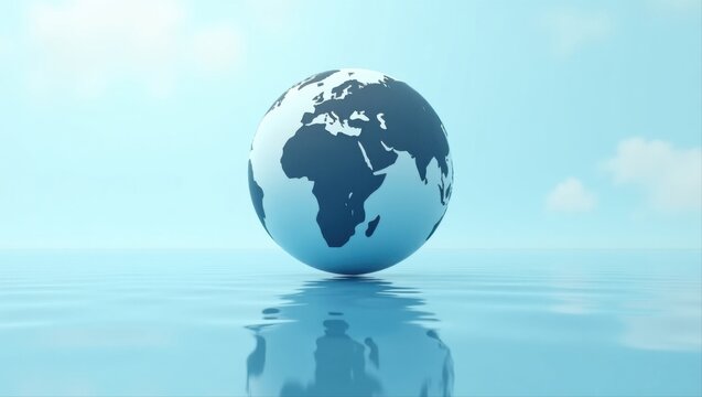 Blue Globe Floating Above Reflective Water Surface