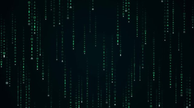 Futuristic green digital data rain falling vertically on a dark background, abstract cyberpunk style binary code and geometric symbols representing big data, cloud computing, and cyber security.