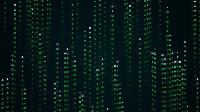 Green Digital Rain with Falling Geometric Symbols and Shapes on Dark Background, Cyberpunk Tech Abstract Motion Graphic for Coding, Data Stream, and Sci-Fi Interface Concepts