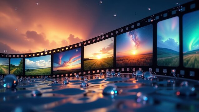 Panoramic Filmstrip with Nature and Sunset Landscape Images