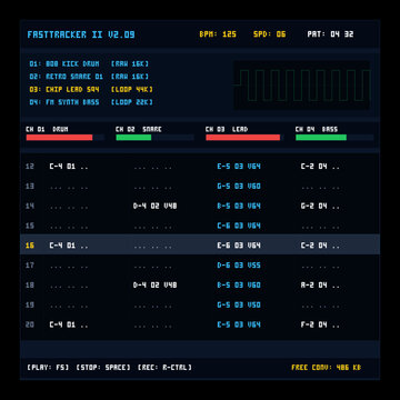 Retro Music Tracker Software Interface with Pixel Art Chiptune Sequencer