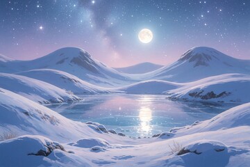 Fototapeta premium Dreamy digital painting of snowy mountain landscape under bright full moon. Calm frozen lake reflects starlight, night sky. Peaceful winter scenery with soft pastel colors, milky way galaxy above