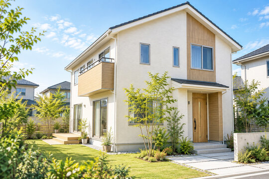 庭のある新築二階建て住宅の外観
