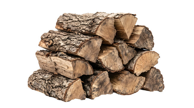 Stack of dry firewood ready for burning, with rough bark texture and split wooden ends