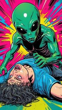 Comic Style Alien Abduction Scene with Man on Ground