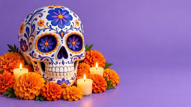 Elegant decorated sugar skull with glowing candles and orange marigold flowers on vibrant purple background for Day of the Dead celebration