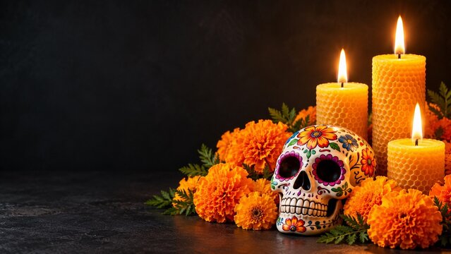 Day of the Dead calavera with burning tall candles and marigold flowers on dark background, traditional Mexican altar setup for Dia de los Muertos