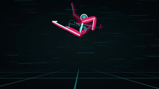 Neon X-Ray Runner: A futuristic digital animation of a glowing wireframe skeleton running against a dark cyber grid.