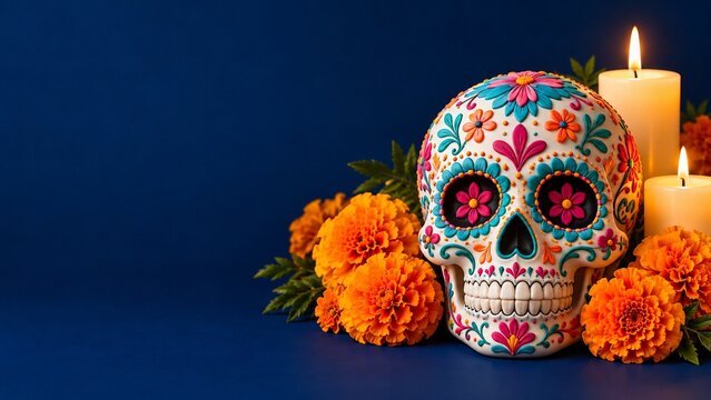 Vibrant painted sugar skull surrounded by bright orange marigolds and burning candles on rich blue background for Dia de los Muertos festival