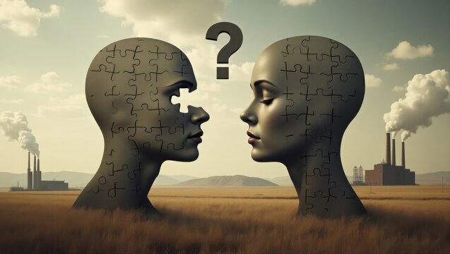 Conceptual Puzzle Heads with Missing Piece and Question Mark