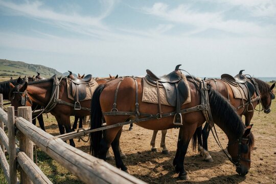 Several brown horses with saddles, harnesses stand in ranch enclosure. Equine animals rest near wooden fence on farm land. Work horses prepare for ride transport in rural countryside under bright