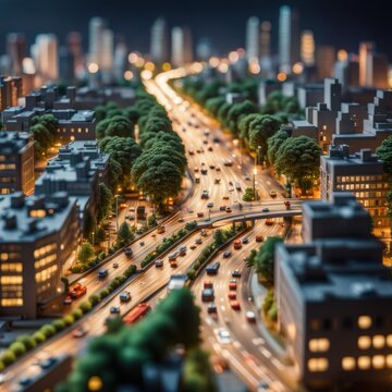 Nighttime City Highway Traffic with Illuminated Buildings